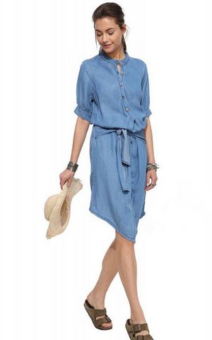 W25035 Casual Demin Long Sleeves Shirt Jeans Dress